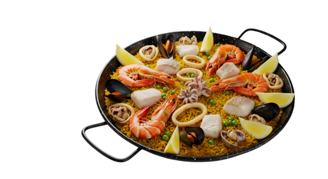 Vibrant and authentic Spanish seafood paella, showcasing a lavish array of succulent prawns, tender squid, and fresh mussels, beautifully garnished with lemon for a gourmet culinary delight