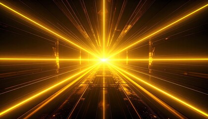 Radiant Golden Light Tunnel with Geometric Patterns and Reflective Surfaces Abstract Background