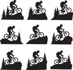 Obraz premium Mountain biker silhouettes on rocky terrain with pine trees
