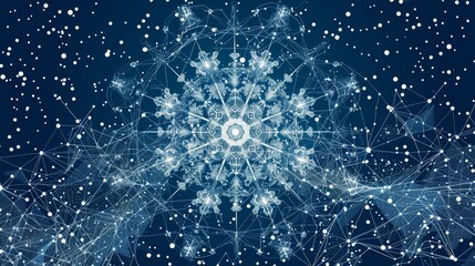Futuristic neon snowflake design with luminous lines and translucent polygons on dark background