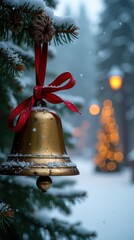 Golden bell on snowy christmas tree with red ribbon in winter wonderland