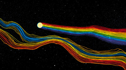 70s-style album cover art featuring long, colorful, wavy rainbow lines in space