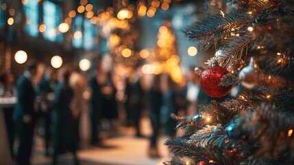 Christmas party with decorated tree and people in the background blur.