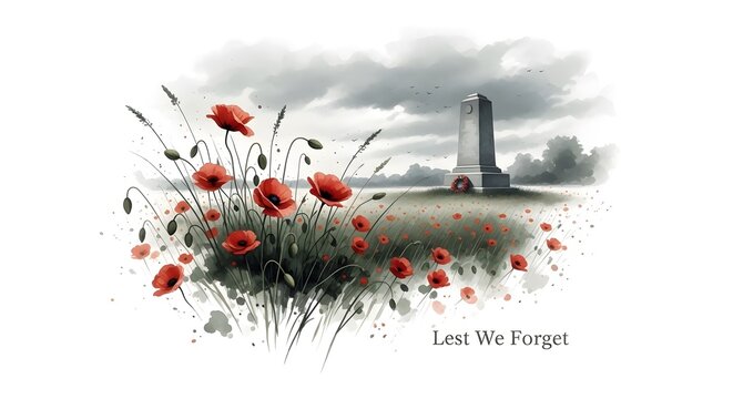 Poppies and tower remembrance landscape scene evokes memory and hope