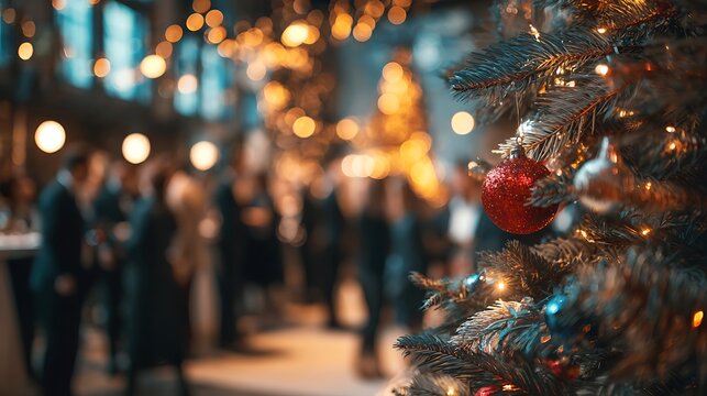 Christmas party with decorated tree and people in the background blur.