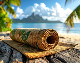 Rolled yoga mat on beach