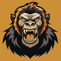 Fototapeta premium A powerful and aggressive gorilla head depicted with sharp teeth bared in a roar. The striking image showcases the animal's wild nature and intense gaze, perfect for bold designs.