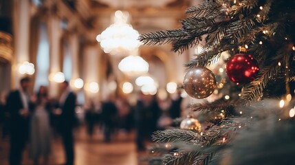 Christmas tree with ornaments in a festive ballroom during a celebration.