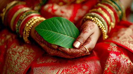 Close up of hands with henna art and bharatanandishada on red wedding dress holding green leaf