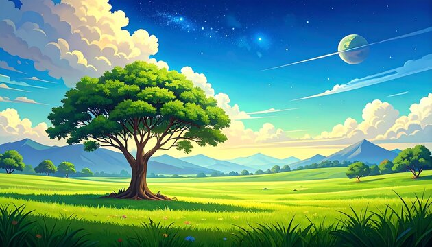 Lush, stylized landscape with a large tree