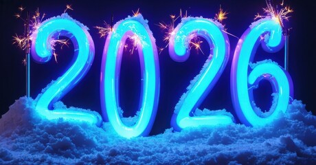 Bright blue numerals 2026 emerge from snow. Sparklers illuminate festive new year celebration. Dark background enhances glow.