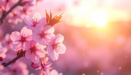 Fototapeta premium Radiant Sunlight Over Delicate Pink Cherry Blossoms on Branch at Springtime with Dreamy Bokeh Background