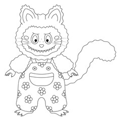 Cat in overalls decorated with flowers. Sketch. Cute toothy kitten in suspender pants with a pocket. Vector illustration. Outline on an isolated white background. Doodle style. Coloring book.