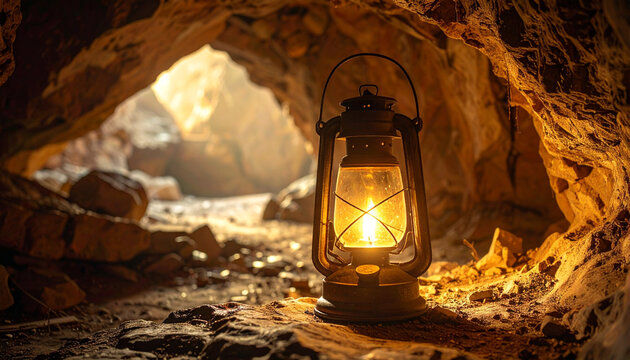 A lantern placed in a cave, casting light
