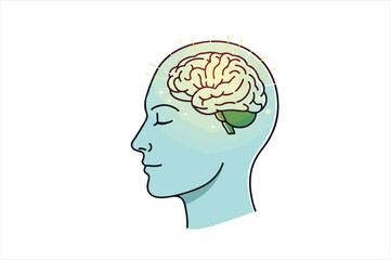 Obraz premium Illustration of a human head in profile with a glowing brain inside, representing thought and intelligence.