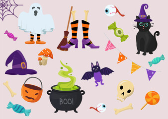 Halloween party set with ghost, black cat, cauldron, broom, skull, bones, candies and flags. For invitations, posters, stickers, labels and printable decor.