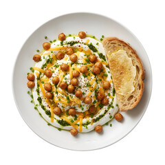 Savory Yogurt Bowl with Chickpeas, Cheese, Herb Oil, and Toasted Bread isolated on a transparent background 