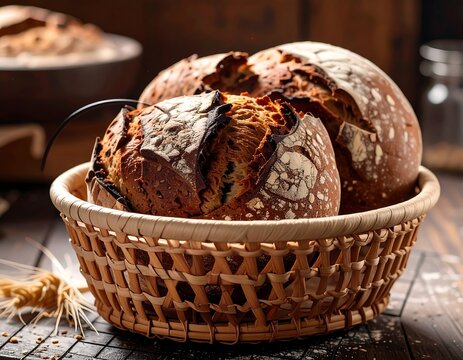 Rustic loaves of bread in a wicker basket