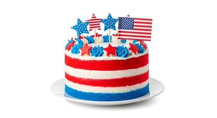 Festive red white blue layer cake with american flag decorations perfect for celebrations