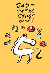 筆書きの馬と正月の縁起物のかわいい和風年賀状　2026 富士山・達磨・梅