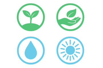Nature symbols representing growth, care, water, and sunlight in a simple and modern design for environmental awareness