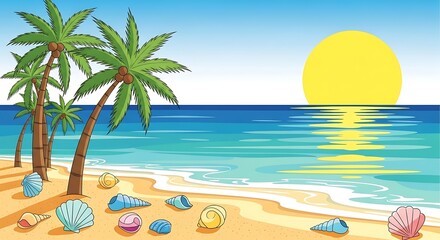 Obraz premium Beach with palms at sunset.