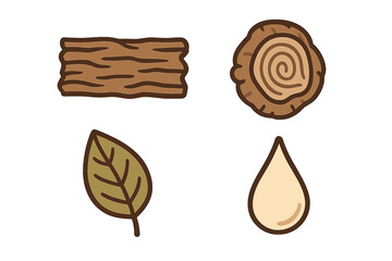 Natural elements including bark, wood slice, leaf, and seed droplet arranged for a nature-themed design