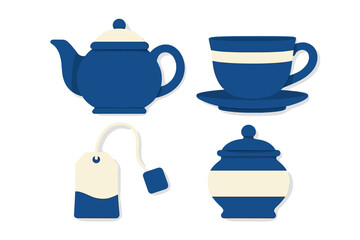Teapot, cup, saucer, and sugar bowl in blue and cream color scheme on a simple background for tea time setting