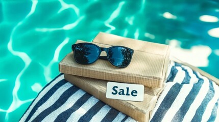 A box of sunglasses is on top of a box that says Sale