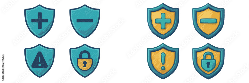 Poster various shield icons representing security features and notifications for user interface design in d
