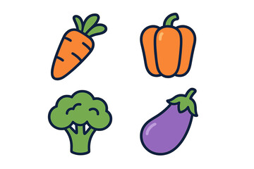 Colorful collection of fresh vegetables including carrot, bell pepper, broccoli, and eggplant on a white background