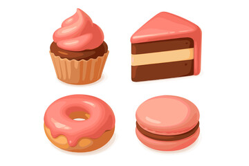 Delicious assortment of pink desserts including a cupcake, donut, cake slice, and macaroon