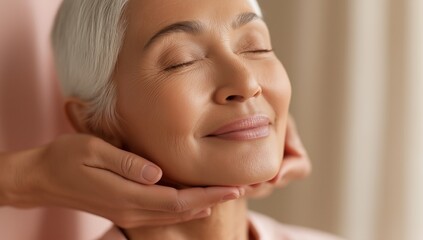Dermatology treatment on elderly woman, eyes closed and smiling, gentle clinician hands supporting chin in soft minimal closeup for skincare advertising, antiaging rejuvenation, wellness consultation.
