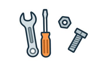 Collection of basic hand tools including a wrench, screwdriver, bolt, and nut for home improvement projects