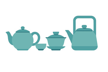 Elegant tea set in soft blue tones arranged neatly on a simple background
