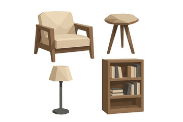 Modern geometric furniture set featuring an armchair, side table, lamp, and bookshelf for contemporary living spaces