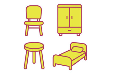 Bright yellow furniture illustrations including chair, wardrobe, stool, and bed in a simple design