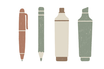 Colorful drawing of stationery tools including a pen, pencil, and markers showcasing artistic design and simplicity