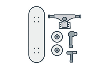 Skateboard assembly parts displayed, including deck, trucks, and wheels in a simple design