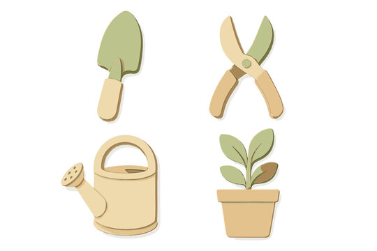 Gardening tools and plant elements arranged in a simple design for decoration or educational purposes