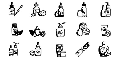 Organic, natural, vegan, cruelty free, collagen, anti age, antioxidant cosmetic editable stroke outline icons set isolated on white background flat vector illustration. Pixel perfect. 64 x 64.