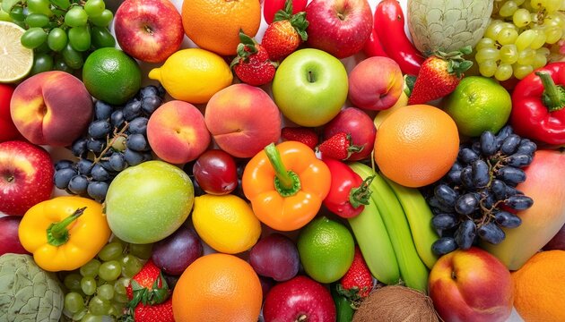 Organic fruits and vegetables. Food background with assortment of fresh fruit and vegetable.