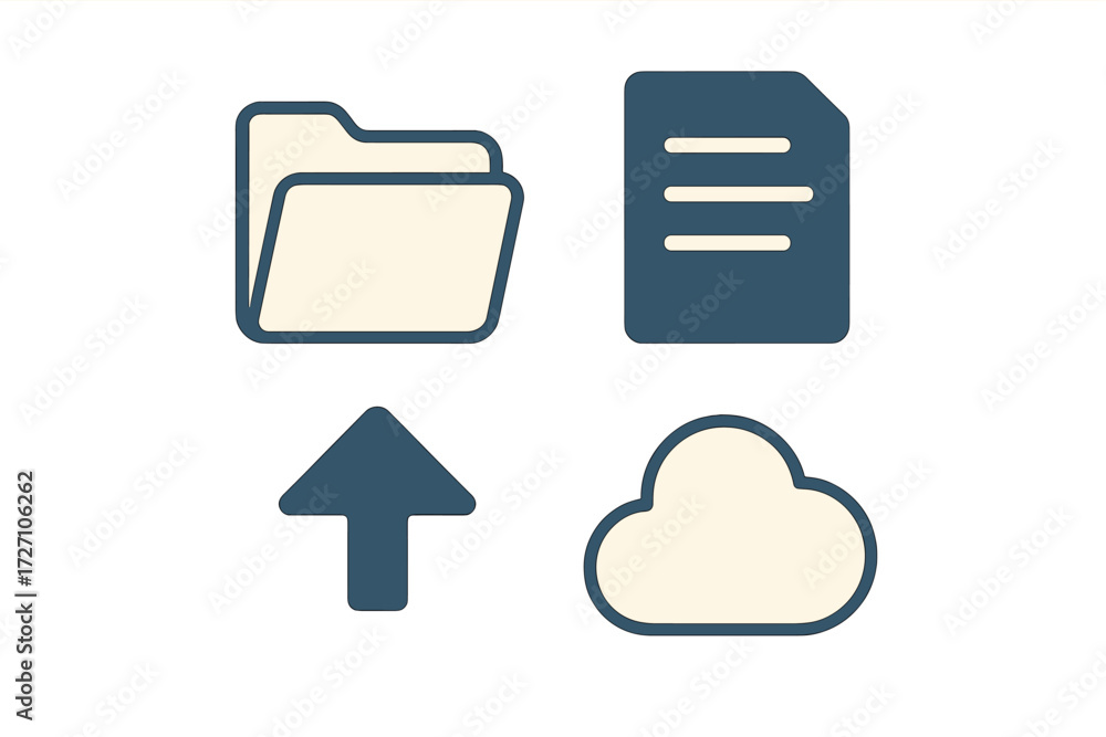 Poster digital file management icons representing upload, folder, document, and cloud storage on a clean ba
