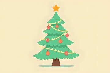 Fototapeta premium stylized charming Christmas tree illustration with soft green and peach tones. Decorated with a string of round ornaments and topped with a star