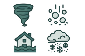 Weather symbols representing tornado, hail, flooding, and snow in an illustrative style