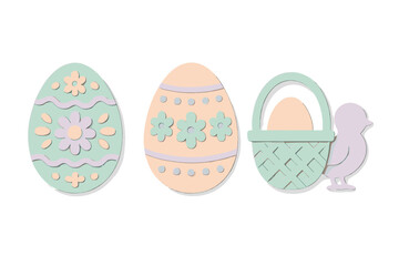 Colorful Easter decorations featuring eggs, flowers, a basket, and a chick create a festive spring atmosphere for celebrations