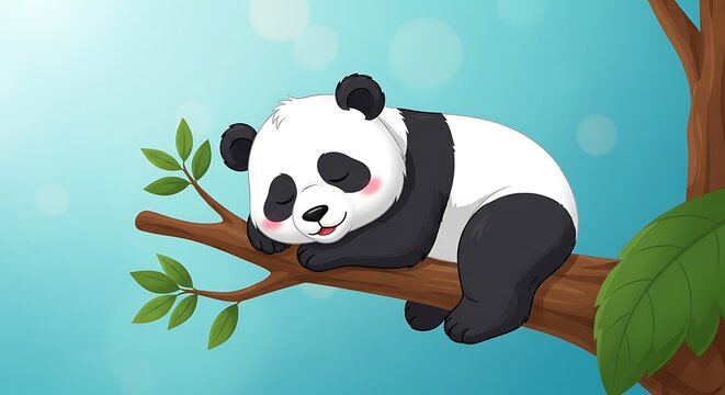 Panda sleeps on branch.