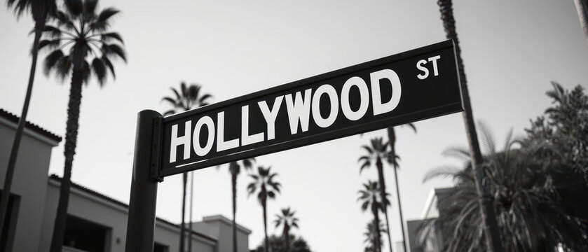 Hollywood street sign in black and white, surrounded by palm trees, evokes sense of iconic California culture and lifestyle - Powered by Adobe