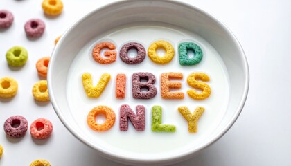 Multicolored cereal loops aligned to say “Good Vibes Only” in milk, styled as fun and artistic food lettering