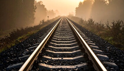 Railroad tracks extending into a misty sunrise